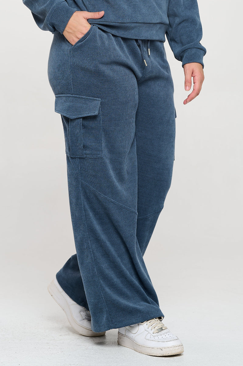 Denim Blue Wide Leg Cargo Pants with Drawstring Waist and Side Pockets