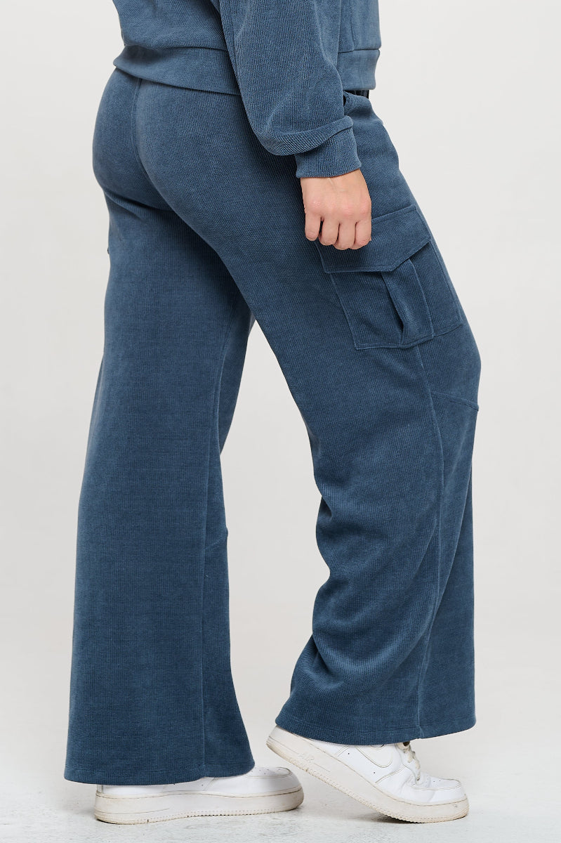 Denim Blue Wide Leg Cargo Pants with Drawstring Waist and Side Pockets