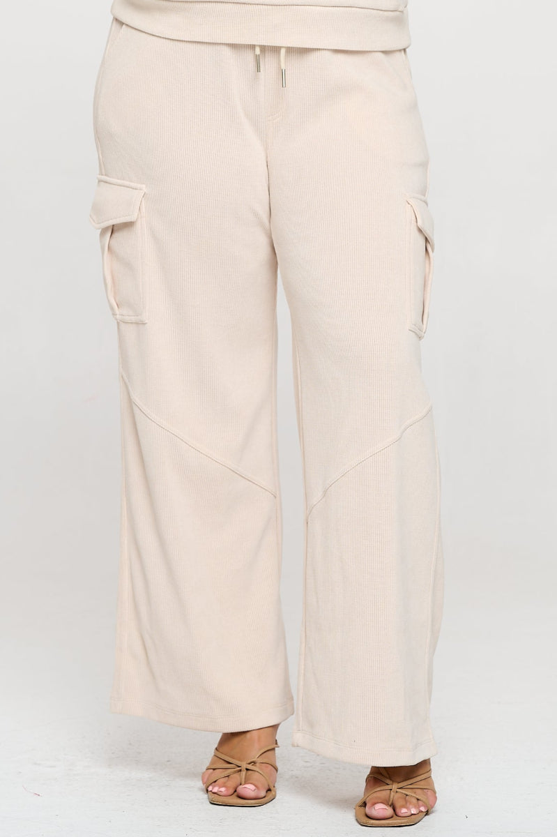 Ivory Wide Leg Cargo Pants with Drawstring Waist and Side Pockets