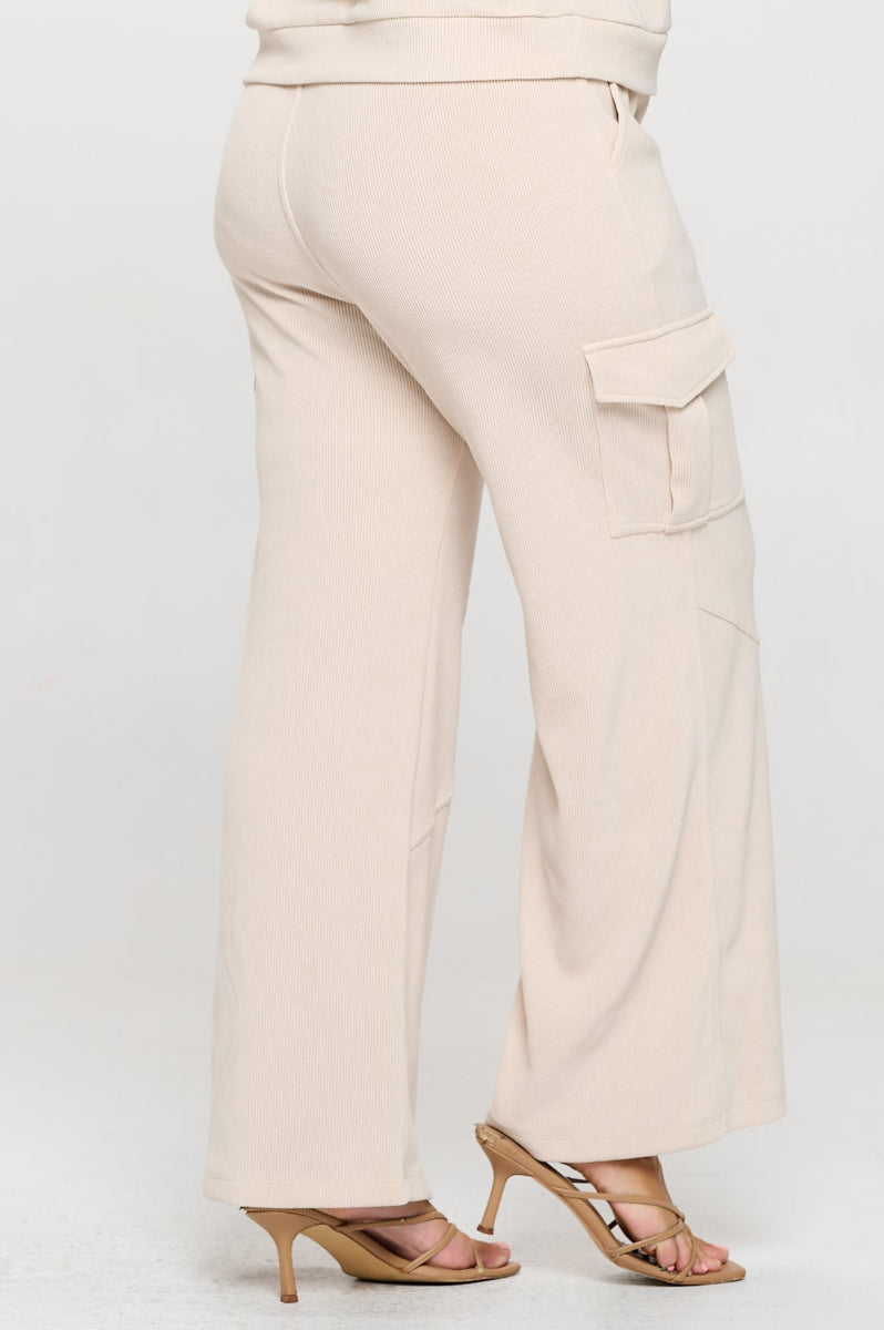 Ivory Wide Leg Cargo Pants with Drawstring Waist and Side Pockets