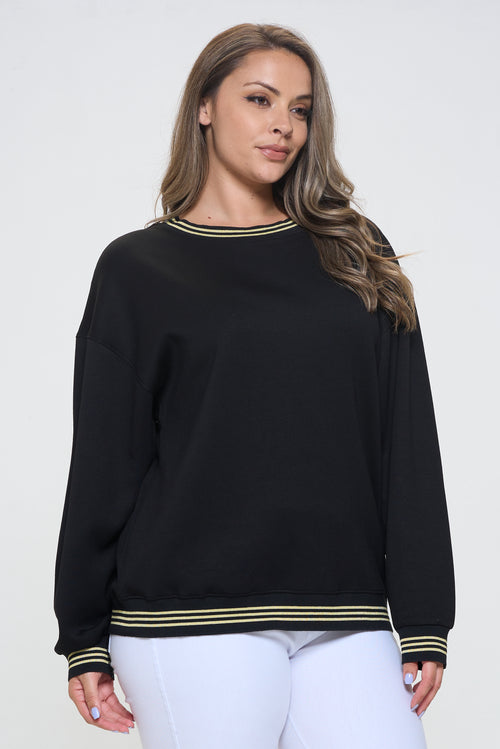 Plus Size Women’s Crewneck Scuba Sweatshirt with Striped Trim