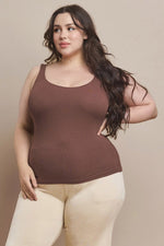 Coffee Wide Strap Scoop Neck Tank Top, Plus Size