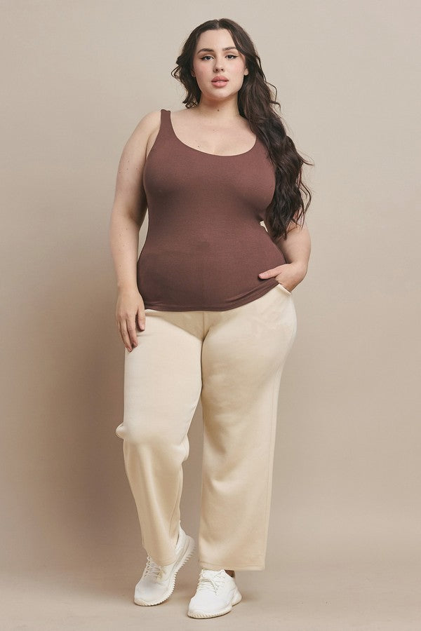 Coffee Wide Strap Scoop Neck Tank Top, Plus Size