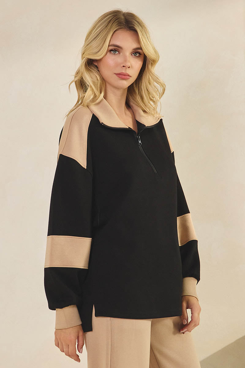 Comfort Drape Duo Tone Half Zip Pullover Top