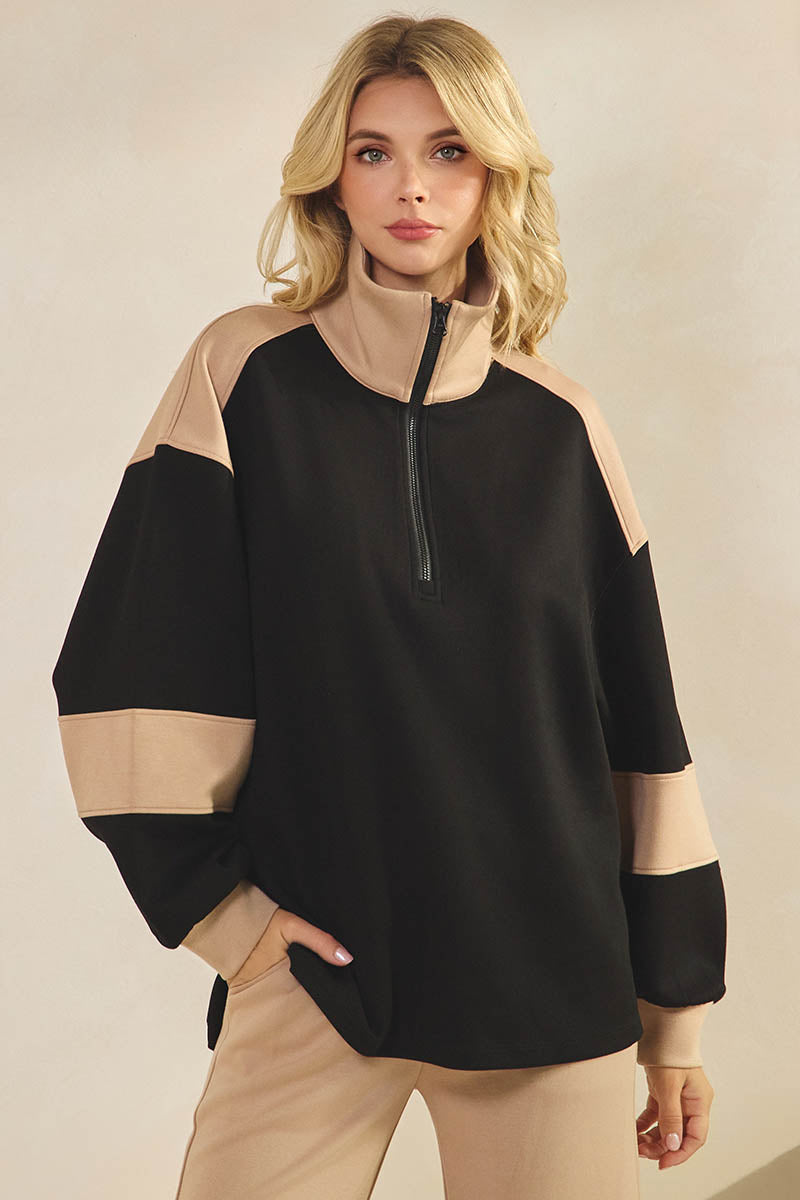 Comfort Drape Duo Tone Half Zip Pullover Top