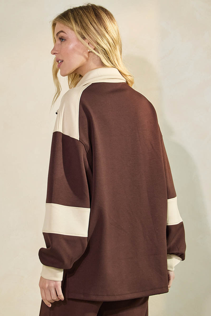 Comfort Drape Duo Tone Half Zip Pullover Top