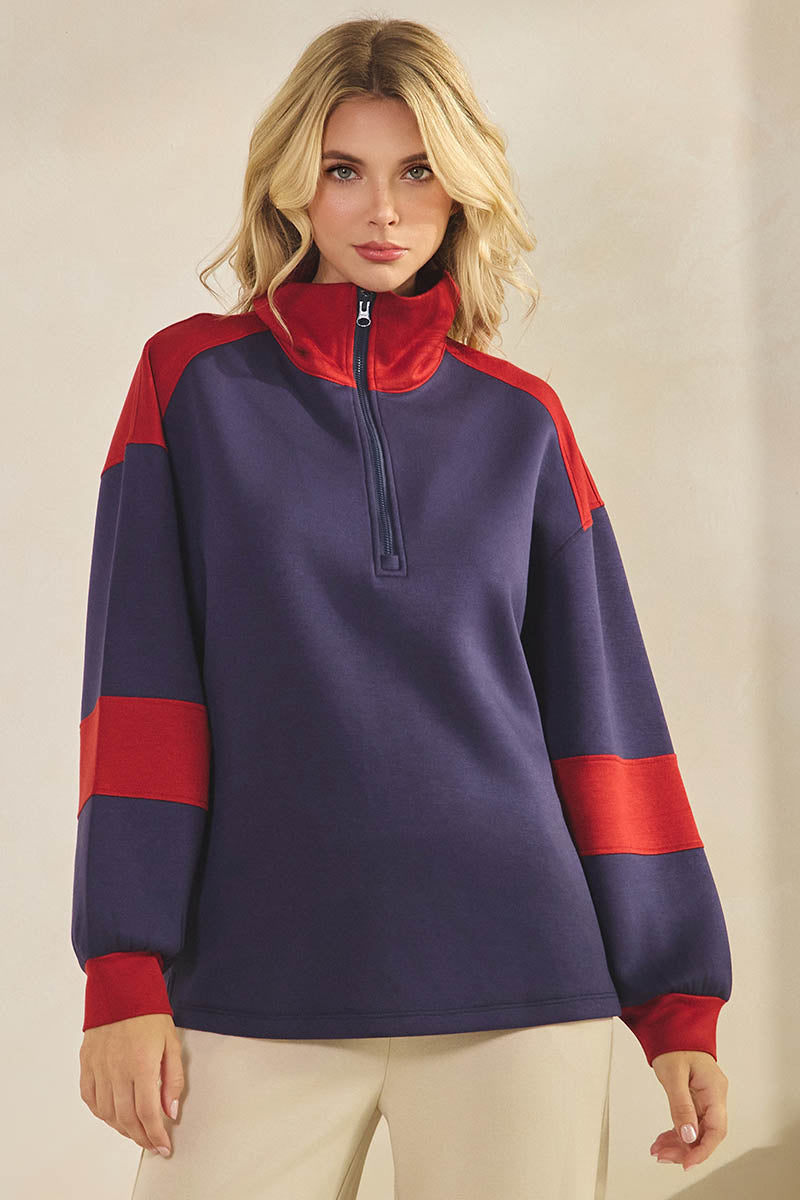 Comfort Drape Duo Tone Half Zip Pullover Top