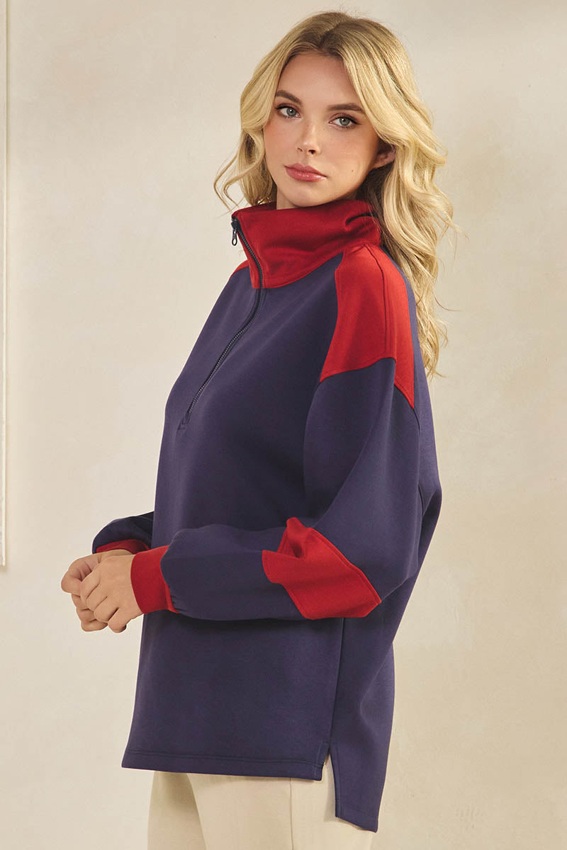Comfort Drape Duo Tone Half Zip Pullover Top