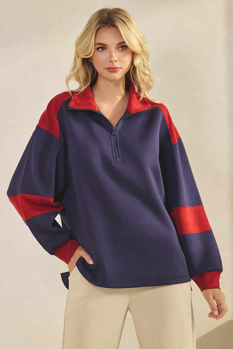 Comfort Drape Duo Tone Half Zip Pullover Top