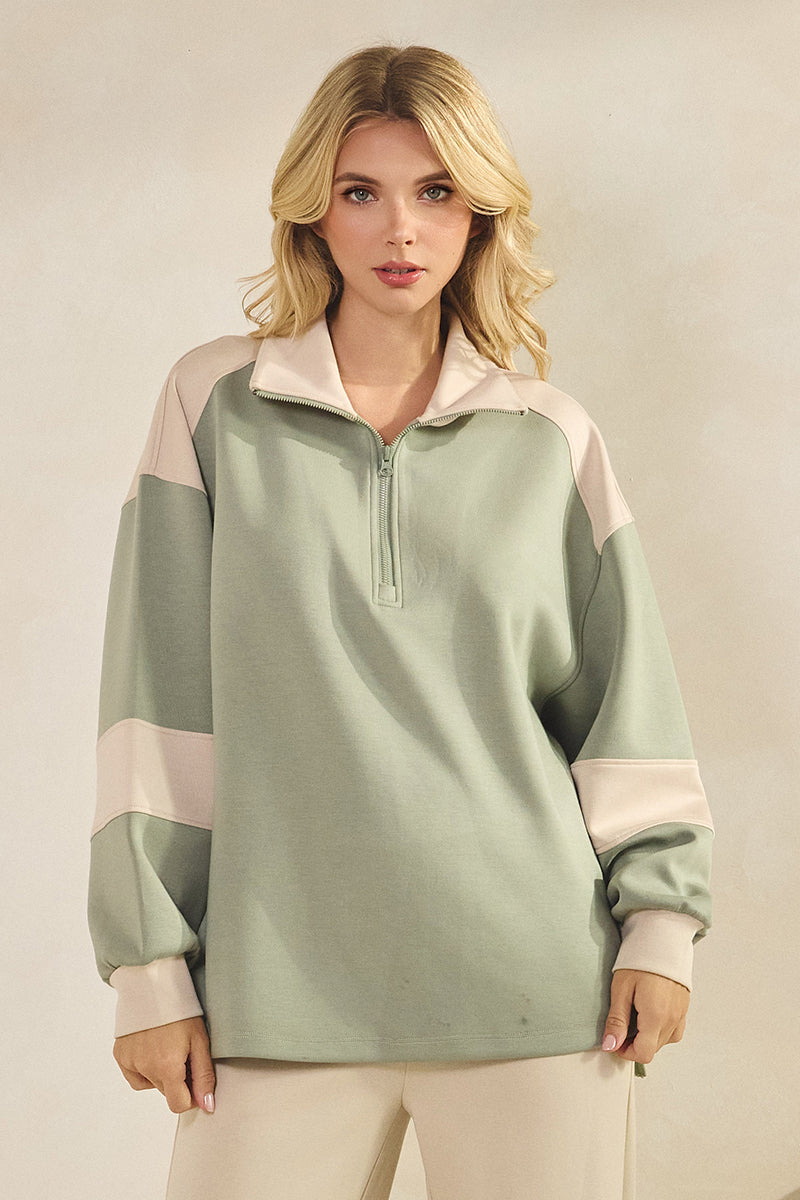 Comfort Drape Duo Tone Half Zip Pullover Top