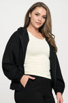 Black Front Full Zip Cropped Length Bottom Cinch Hoodie with Pockets, Plus Size