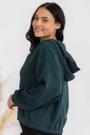 Dark Green Front Full Zip Cropped Length Bottom Cinch Hoodie with Pockets, Plus Size 