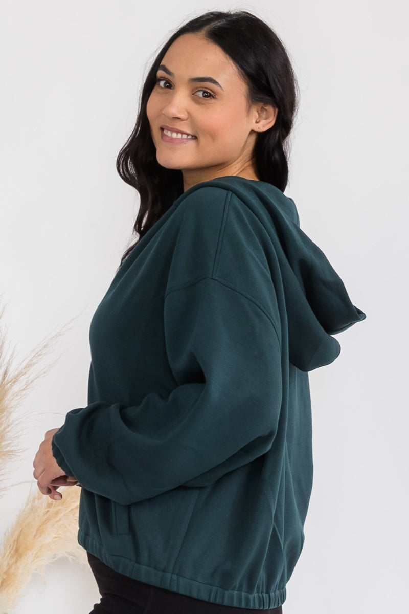Dark Green Front Full Zip Cropped Length Bottom Cinch Hoodie with Pockets, Plus Size 