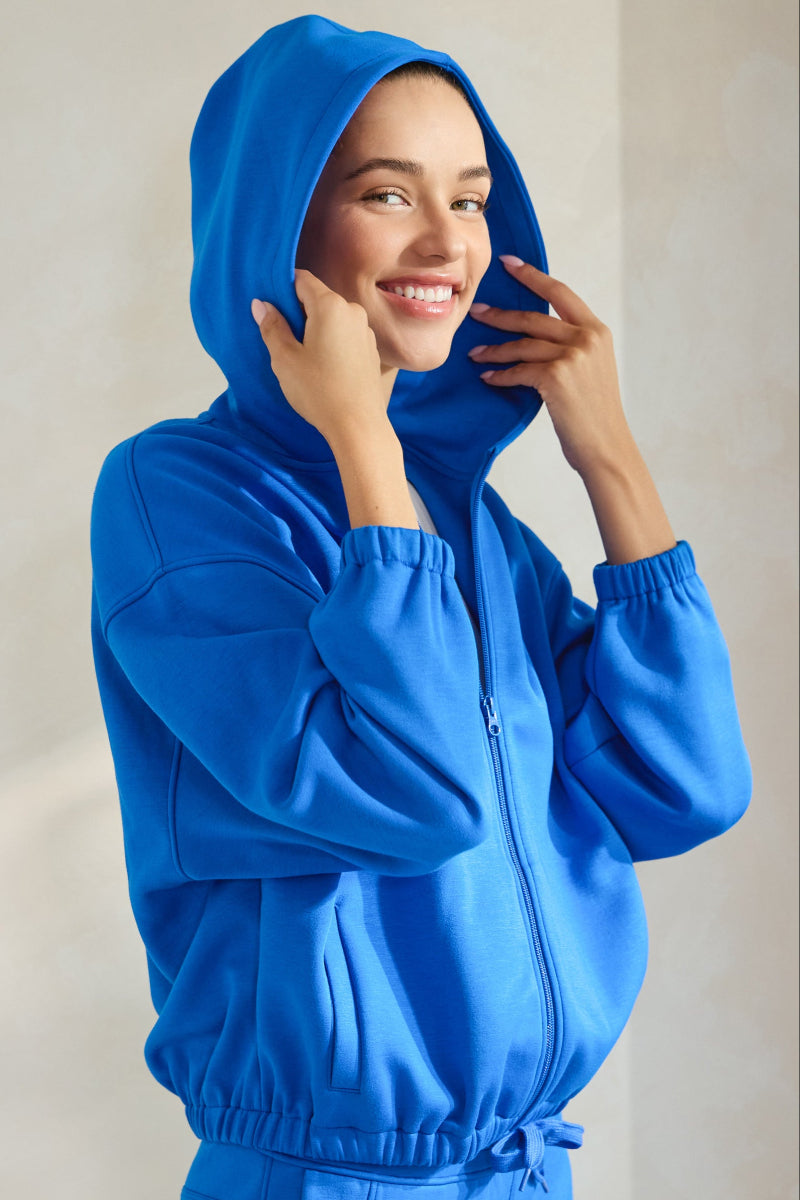 Blue Front Full Zip Cropped Length Bottom Cinch Hoodie with Pockets