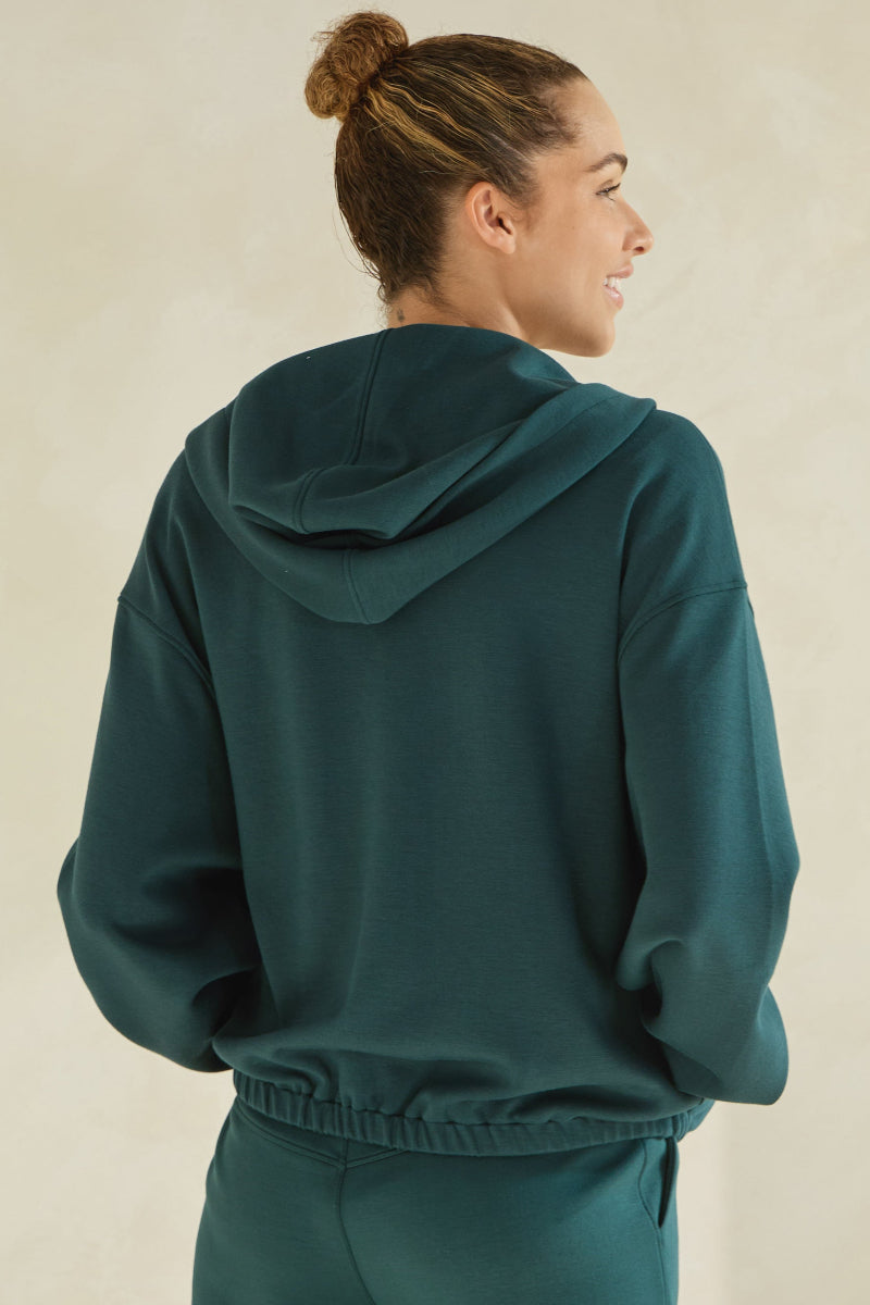 Dark Green Front Full Zip Cropped Length Bottom Cinch Hoodie with Pockets