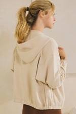 Oatmeal Front Full Zip Cropped Length Bottom Cinch Hoodie with Pockets