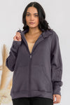 Charcoal Colored Ultra Soft Relaxed Fit Funnel Neck Full Zip Jacket with Pockets