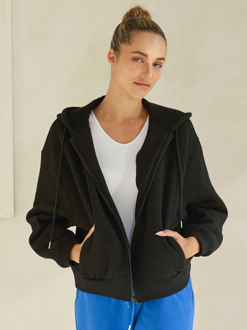 Black Relaxed Fit Travel Fleece Hoodie with Pockets