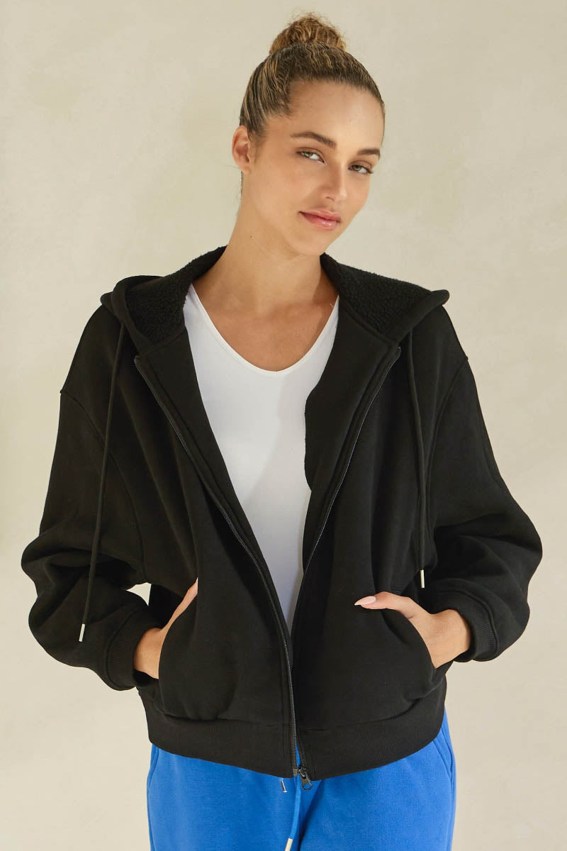 Black Relaxed Fit Travel Fleece Hoodie with Pockets