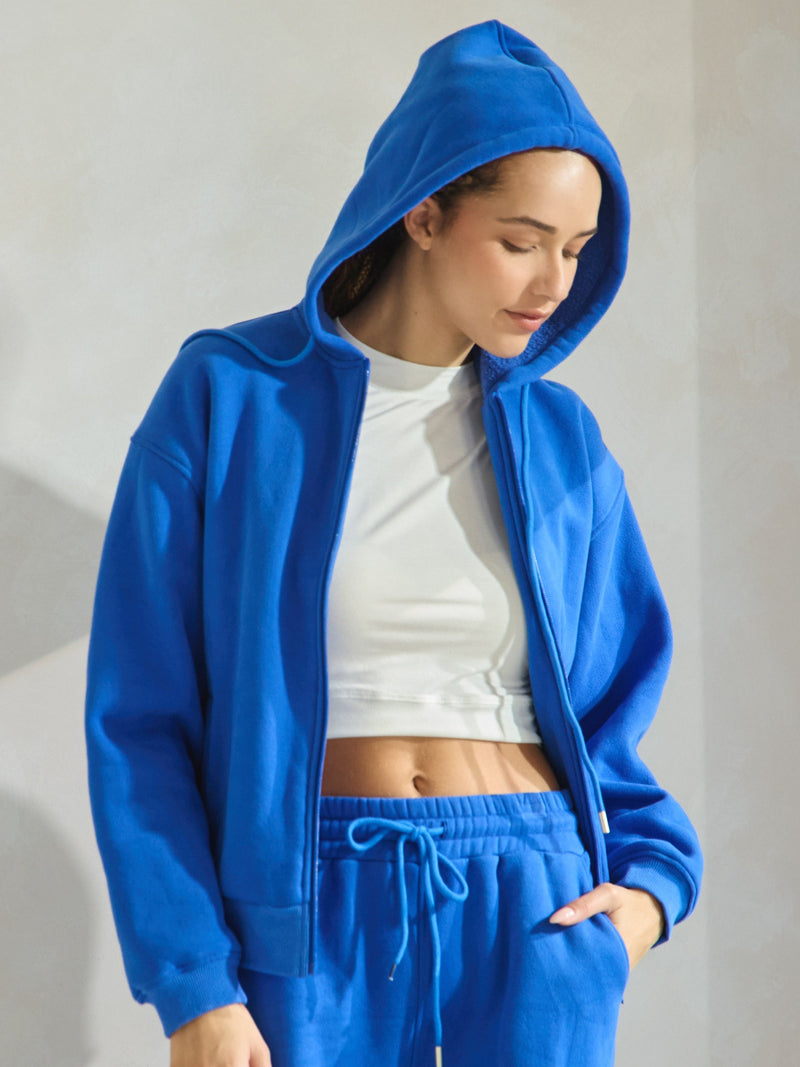 Blue Relaxed Fit Travel Fleece Hoodie with Pockets