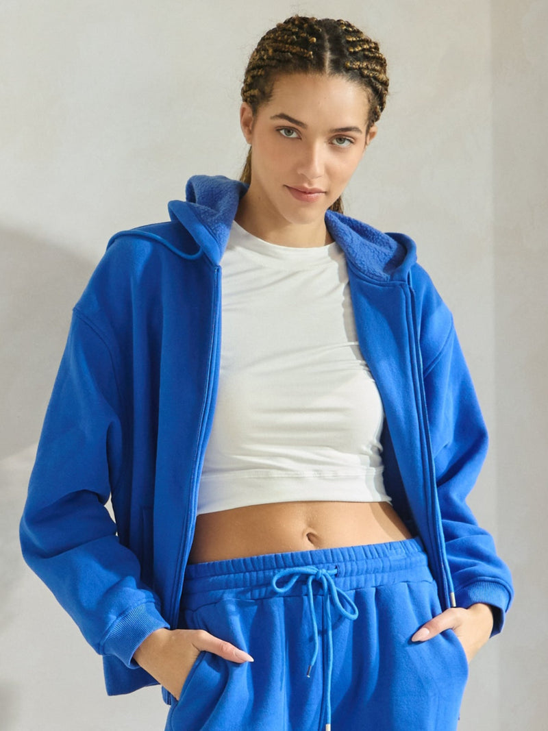 Blue Relaxed Fit Travel Fleece Hoodie with Pockets