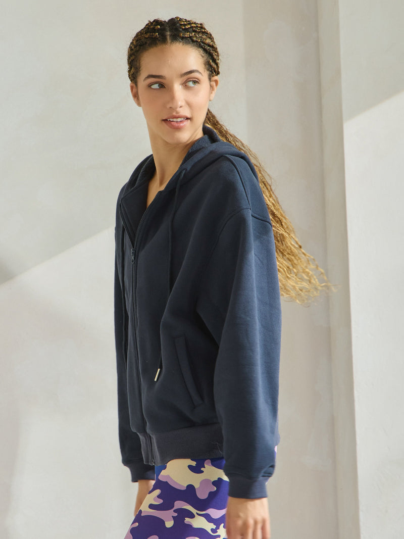 Navy Blue Relaxed Fit Travel Fleece Hoodie with Pockets