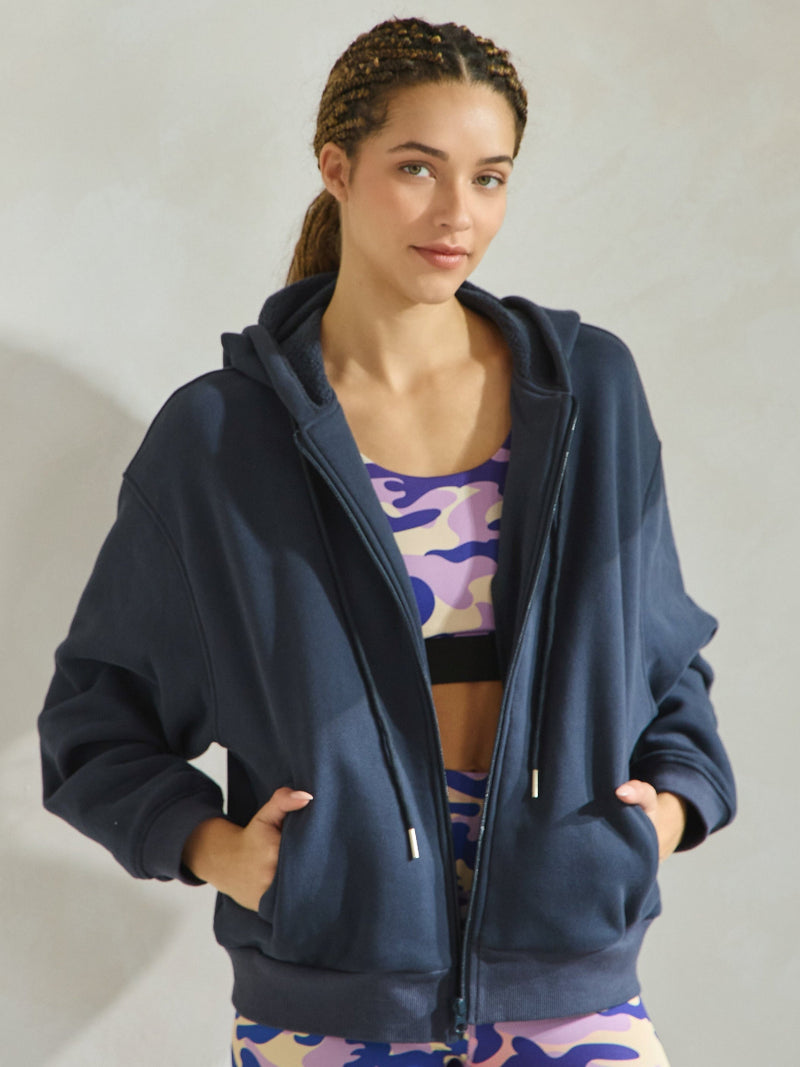 Navy Blue Relaxed Fit Travel Fleece Hoodie with Pockets