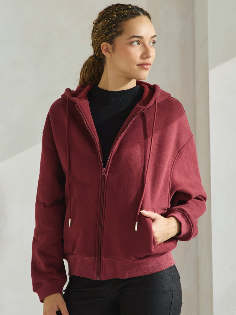 Maroon Relaxed Fit Travel Fleece Hoodie with Pockets