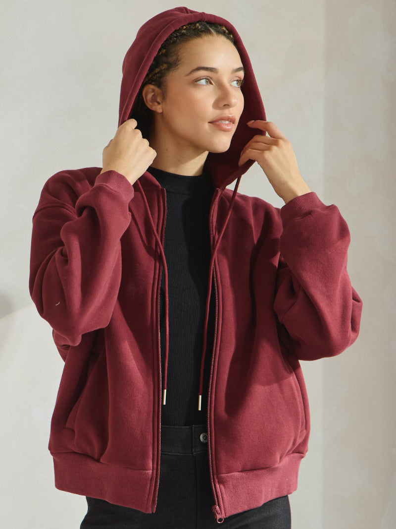 Burgundy Relaxed Fit Travel Fleece Hoodie with Pockets