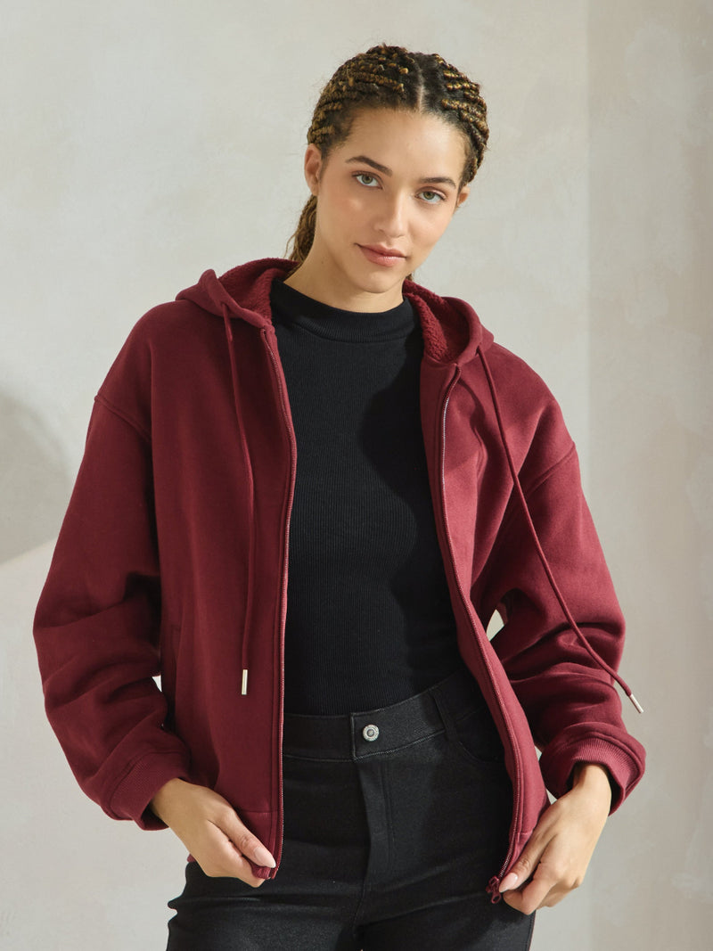 Maroon Relaxed Fit Travel Fleece Hoodie with Pockets