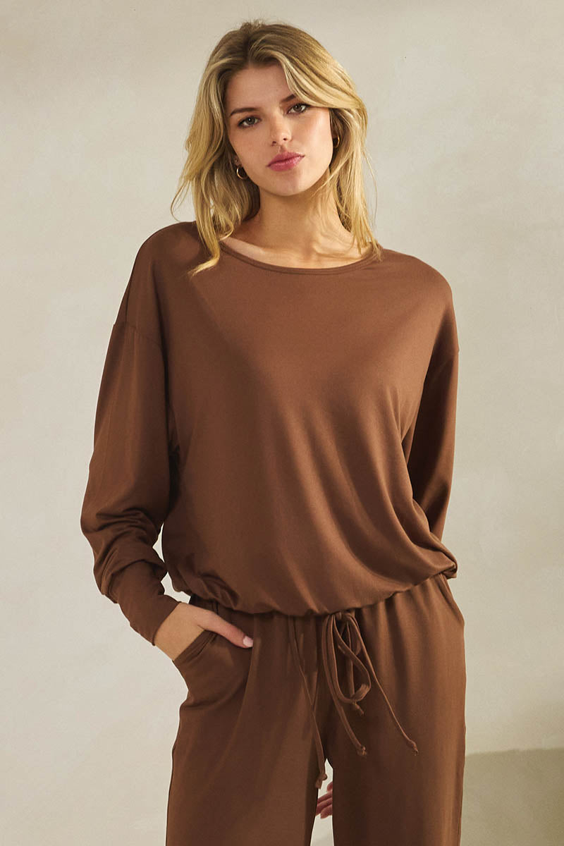 Women’s Relaxed Fit Scoop Neck Tie Hem Long Sleeve Top 