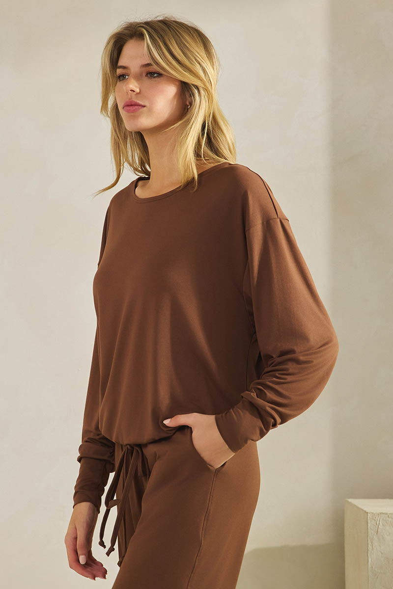 Women’s Relaxed Fit Scoop Neck Tie Hem Long Sleeve Top 