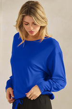 Women’s Relaxed Fit Scoop Neck Tie Hem Long Sleeve Top 