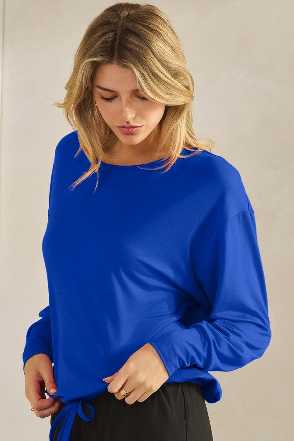 Women’s Relaxed Fit Scoop Neck Tie Hem Long Sleeve Top 