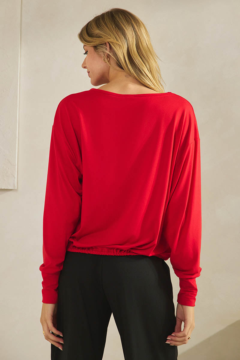 Women’s Relaxed Fit Scoop Neck Tie Hem Long Sleeve Top 