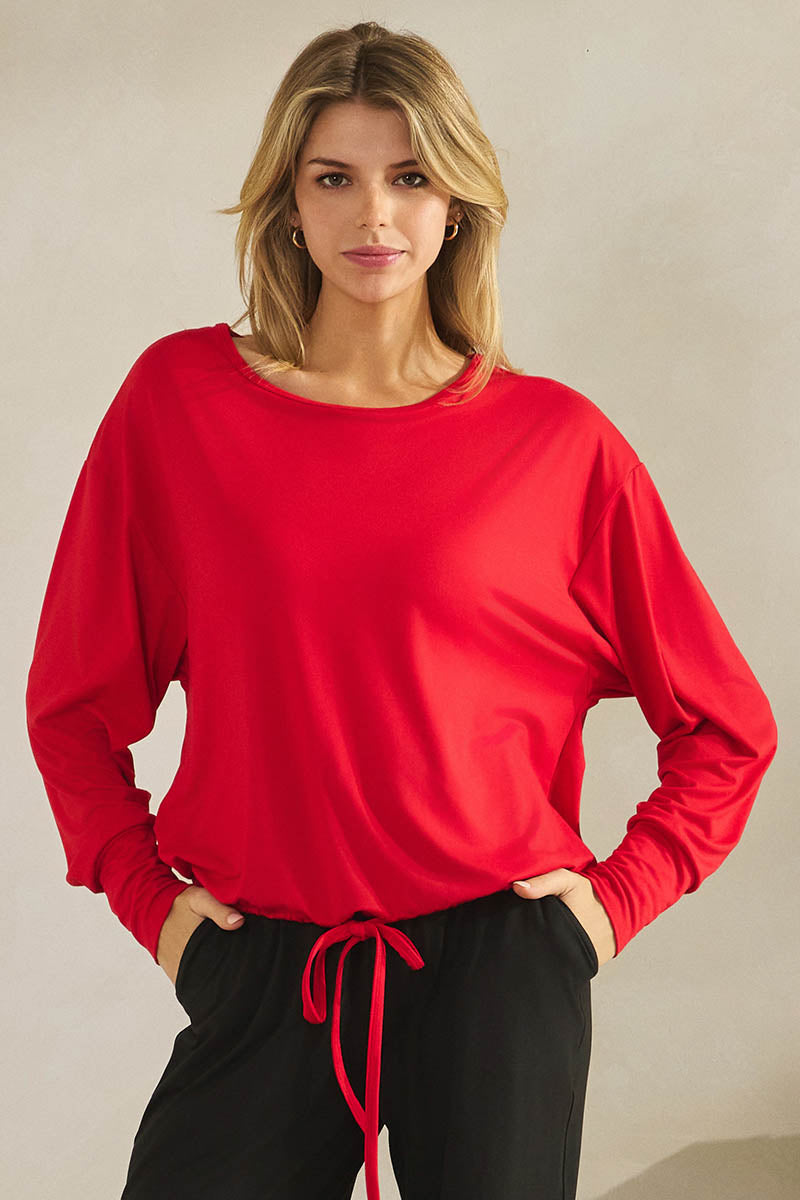 Women’s Relaxed Fit Scoop Neck Tie Hem Long Sleeve Top 