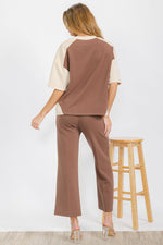 Women’s Classic Drape Two Tone Short Sleeve Top & Cropped Pants Set