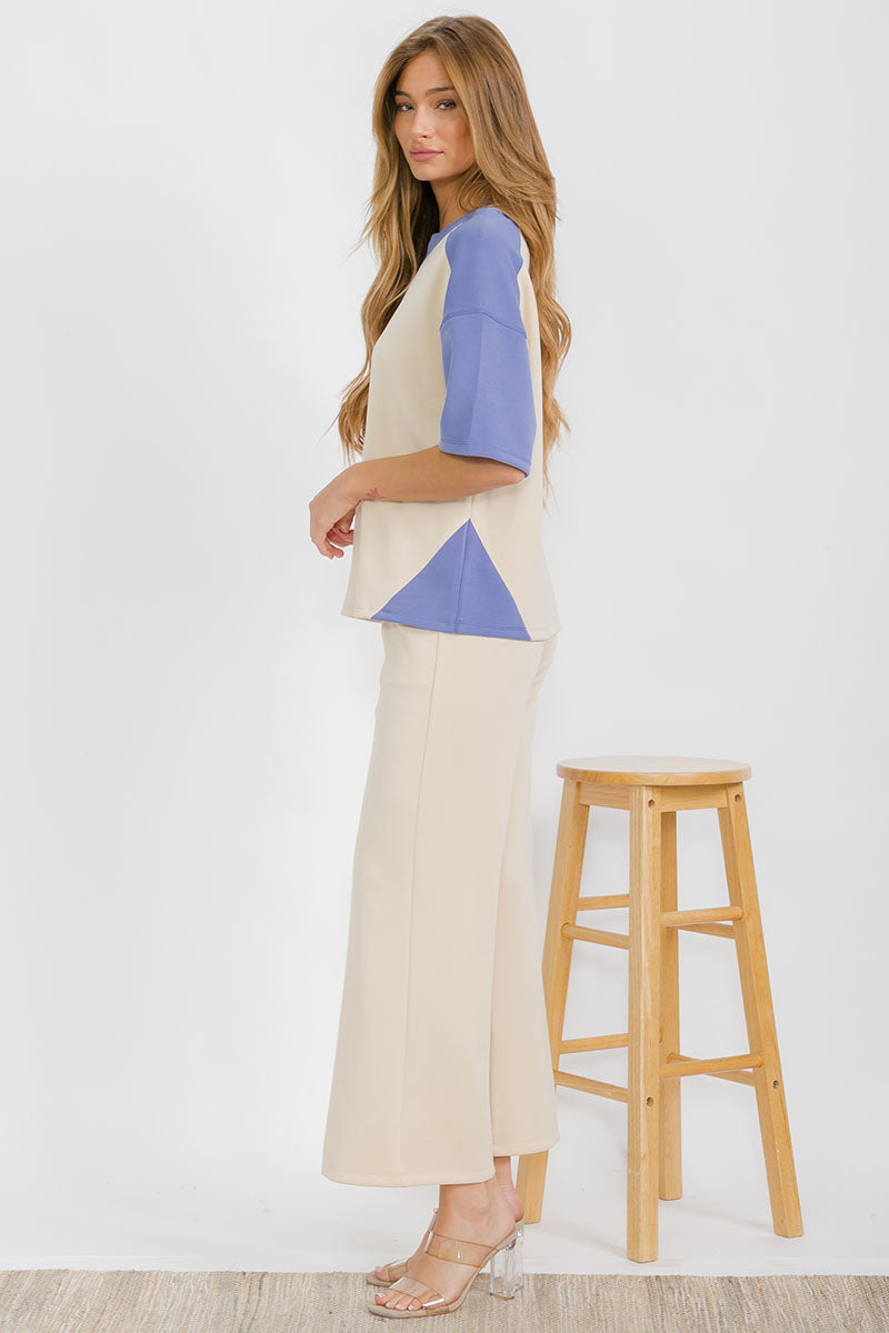 Women’s Classic Drape Two Tone Short Sleeve Top & Cropped Pants Set