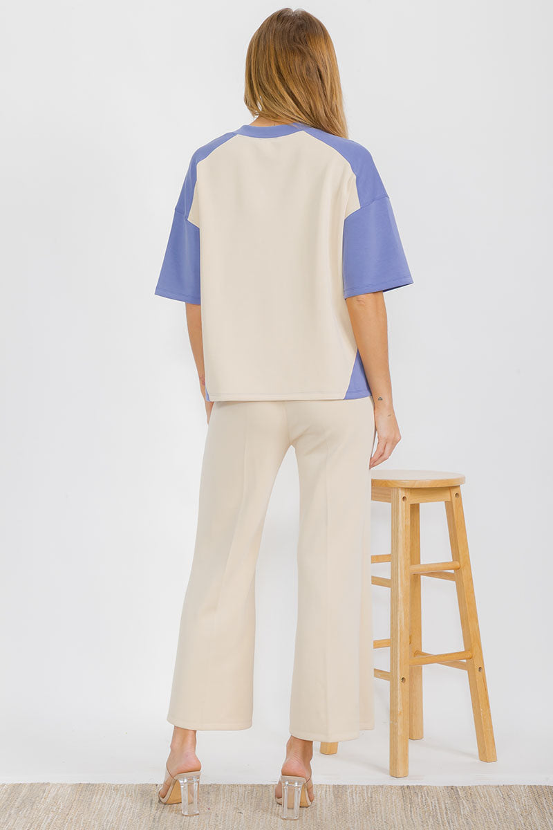 Women’s Classic Drape Two Tone Short Sleeve Top & Cropped Pants Set