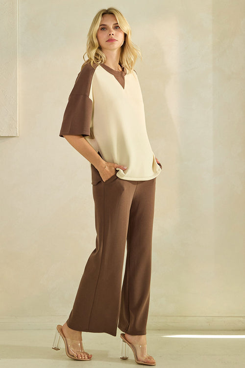 Women’s Classic Drape Two Tone Short Sleeve Top & Cropped Pants Set