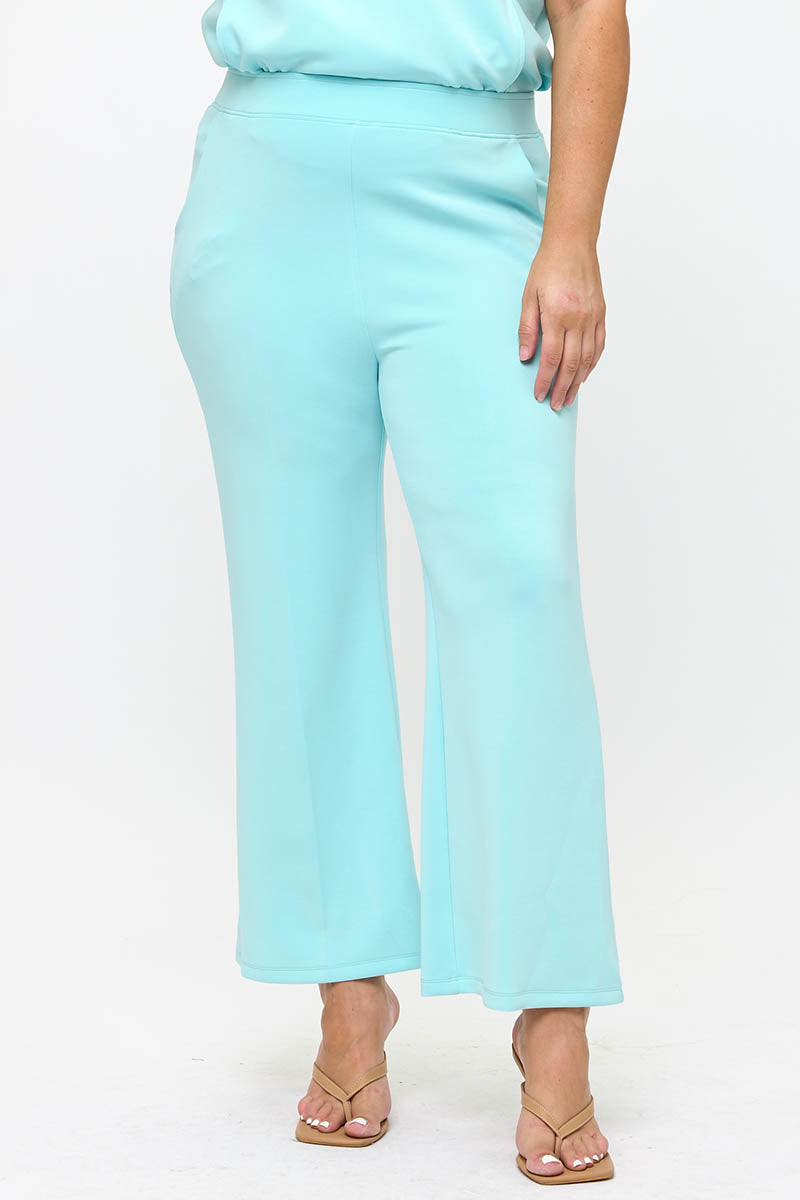Plus Size Light Blue Cropped Modal Scuba Relaxed Fit Pants with Pockets 
