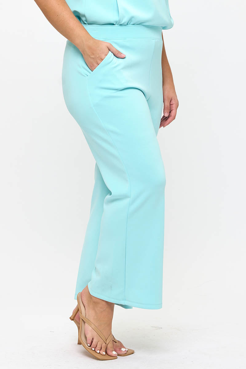 Plus Size Light Blue Cropped Modal Scuba Relaxed Fit Pants with Pockets 