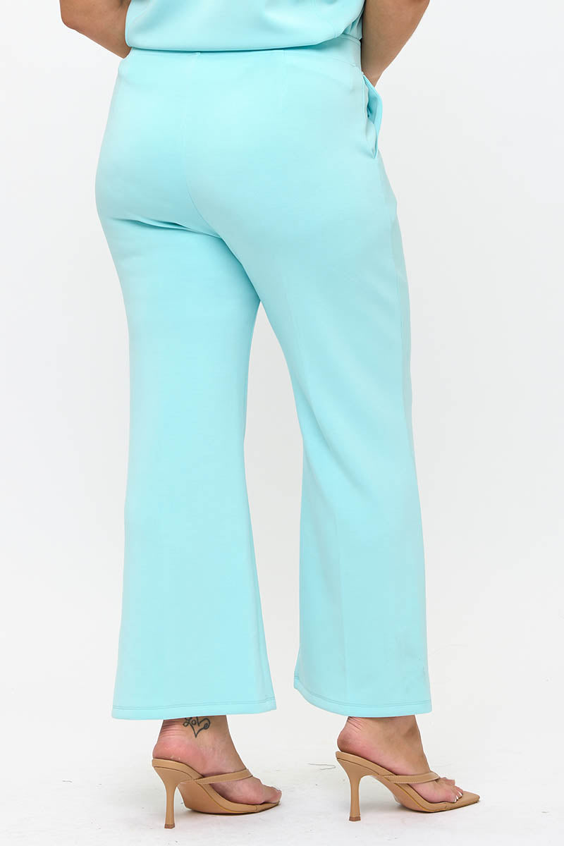 Plus Size Light Blue Cropped Modal Scuba Relaxed Fit Pants with Pockets 