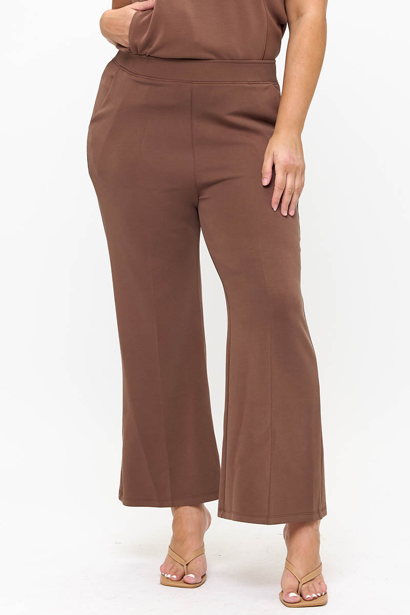 Plus Size Mocha Brown Cropped Modal Scuba Relaxed Fit Pants with Pockets 