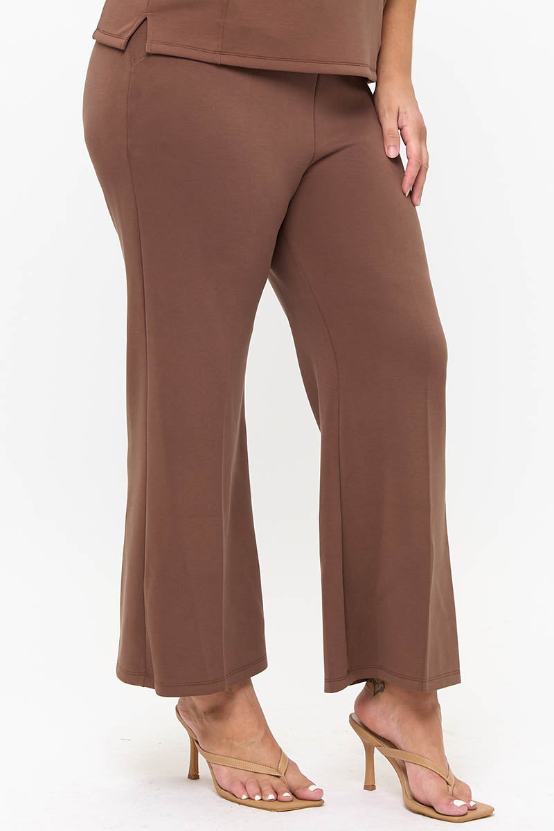 Plus Size Mocha Brown Cropped Modal Scuba Relaxed Fit Pants with Pockets 