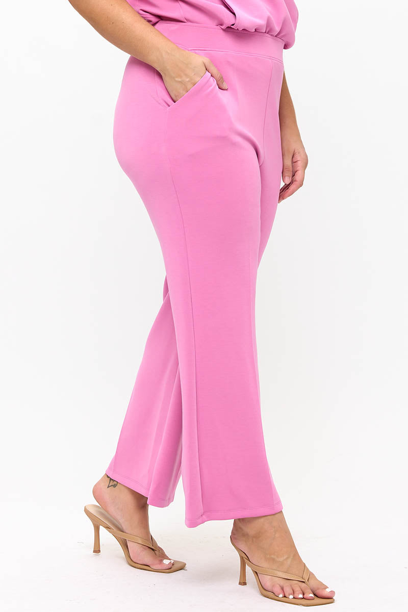 Plus Size Pink Cropped Modal Scuba Relaxed Fit Pants with Pockets 