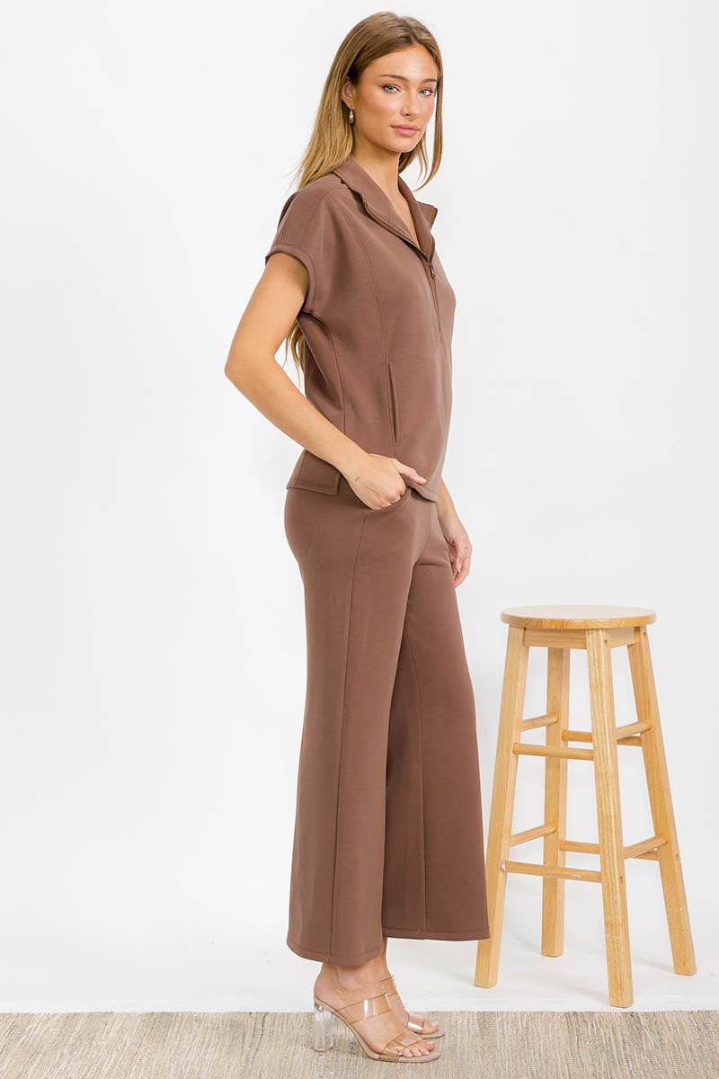 Comfort Drape Half Zip Top and Cropped Pants Loungewear Set