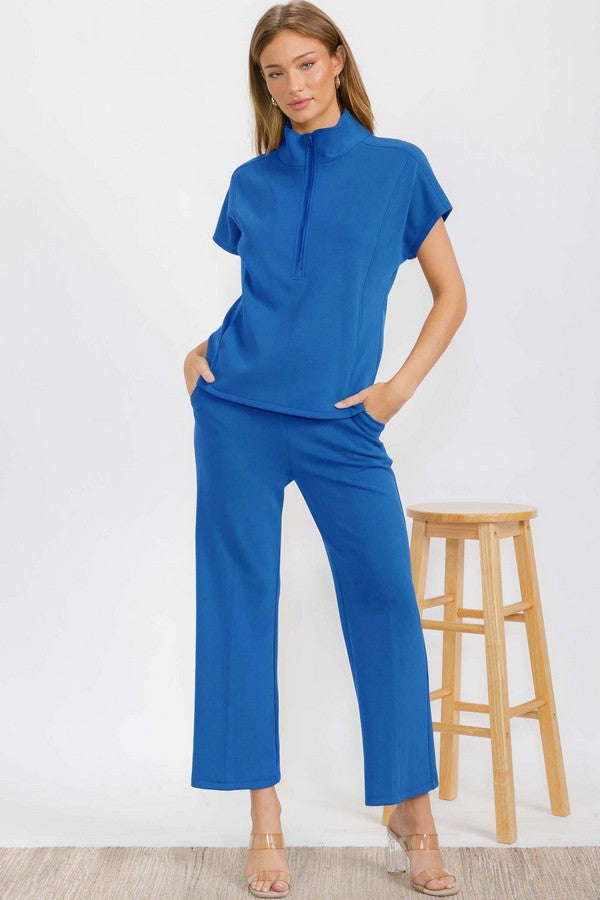 Comfort Drape Half Zip Top and Cropped Pants Loungewear Set