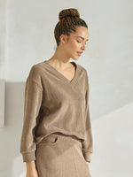 Khaki V Neck Relaxed Fit Long Sleeved Corduroy Top 