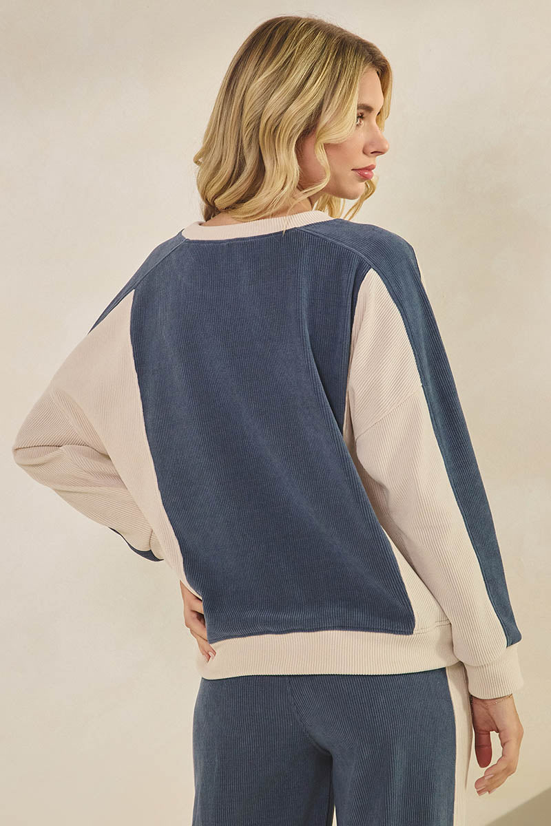Duo Tone Relaxed Fit Corduroy Pullover Top
